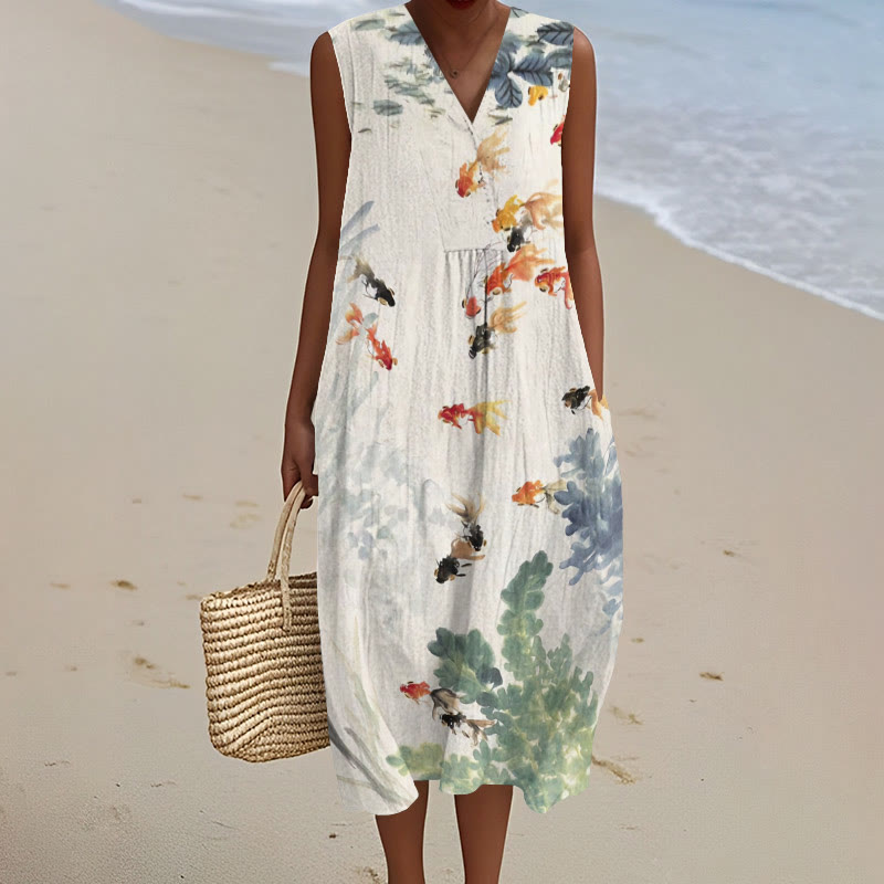 Watercolor Goldfish Art Print V-neck Sleeveless Dress - Apricot - 5XL - image 1