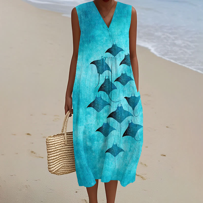 Vintage Manta Ray Art Print V-neck Sleeveless Dress - Blue - 5XL - image 1