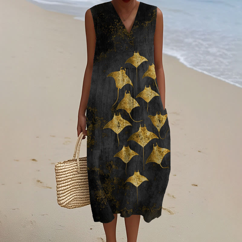 Vintage Manta Ray Art Print V-neck Sleeveless Dress - Golden - 5XL - image 2