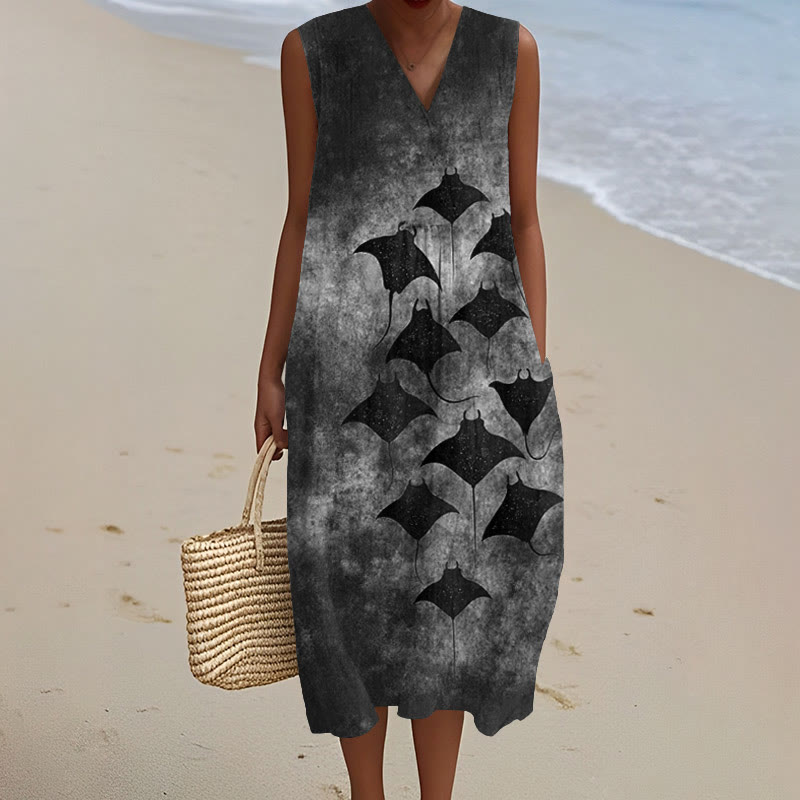 Vintage Manta Ray Art Print V-neck Sleeveless Dress - Black - 5XL - image 3