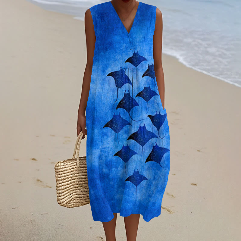Vintage Manta Ray Art Print V-neck Sleeveless Dress - Dark Blue - 5XL - image 4