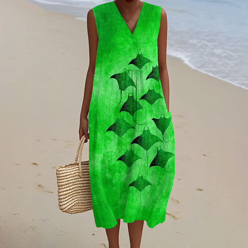 Vintage Manta Ray Art Print V-neck Sleeveless Dress - Green - 5XL - image 5
