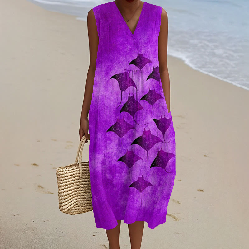 Vintage Manta Ray Art Print V-neck Sleeveless Dress - Purple - 5XL - image 6