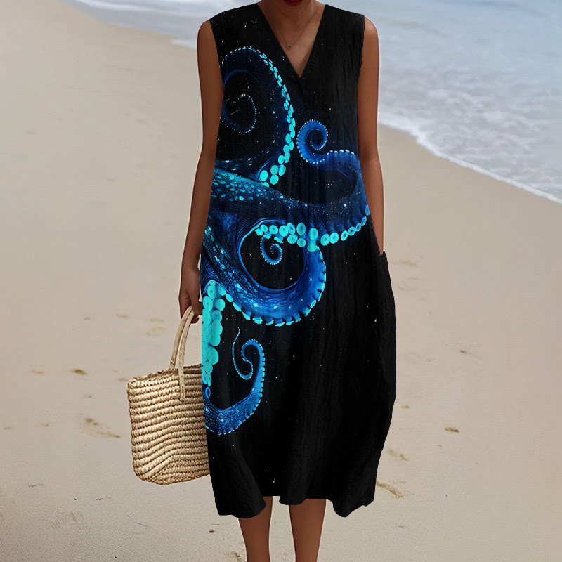 Three-dimensional Creative Octopus Art Print V-neck Sleeveless Dress - Blue - 5XL - image 1