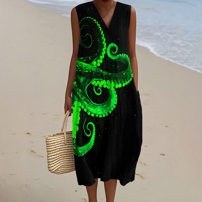 Three-dimensional Creative Octopus Art Print V-neck Sleeveless Dress - Green - 5XL - image 2