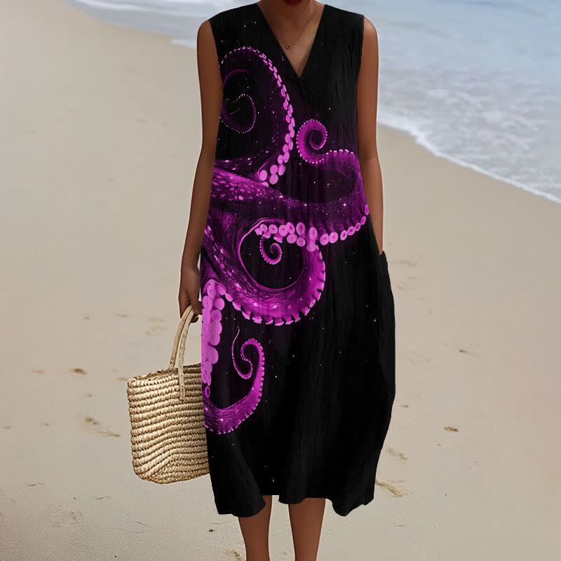 Three-dimensional Creative Octopus Art Print V-neck Sleeveless Dress - Pink - 5XL - image 3