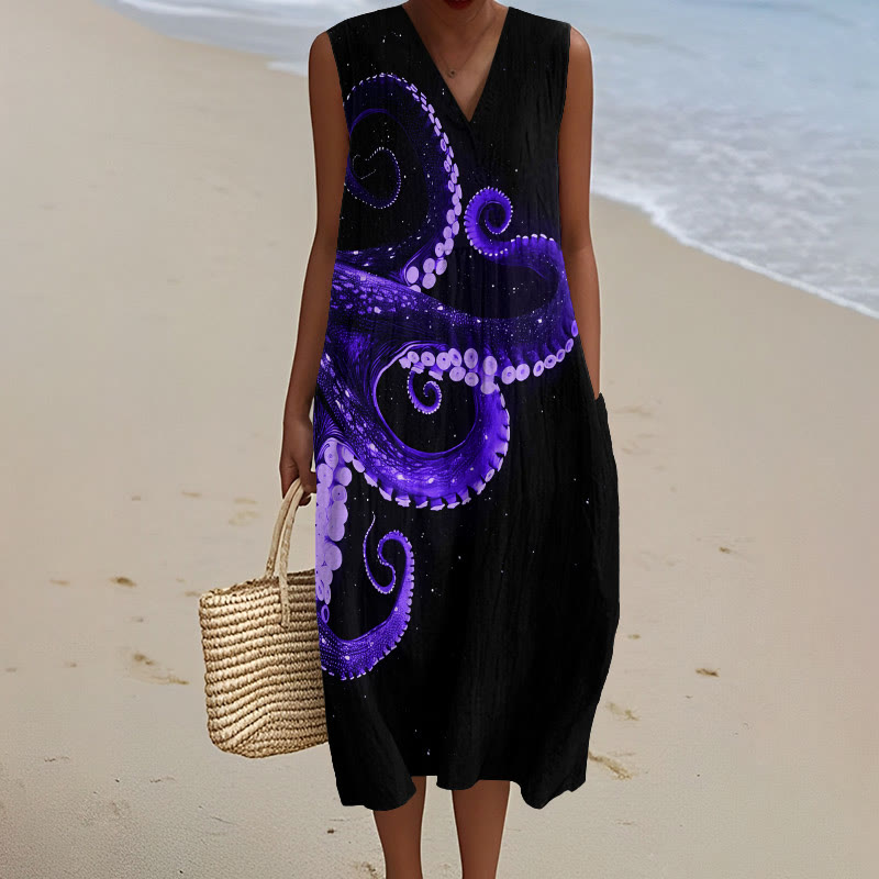 Three-dimensional Creative Octopus Art Print V-neck Sleeveless Dress - Purple - 5XL - image 4