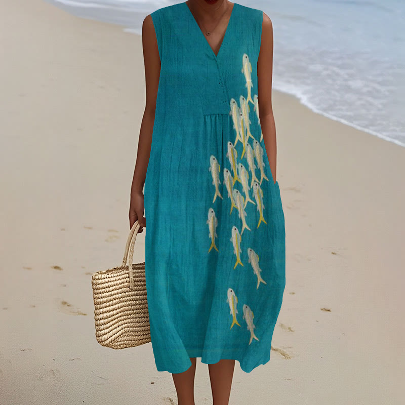 Vintage Simple Fish Art Print V-neck Sleeveless Dress - Lake Blue - 5XL - image 1