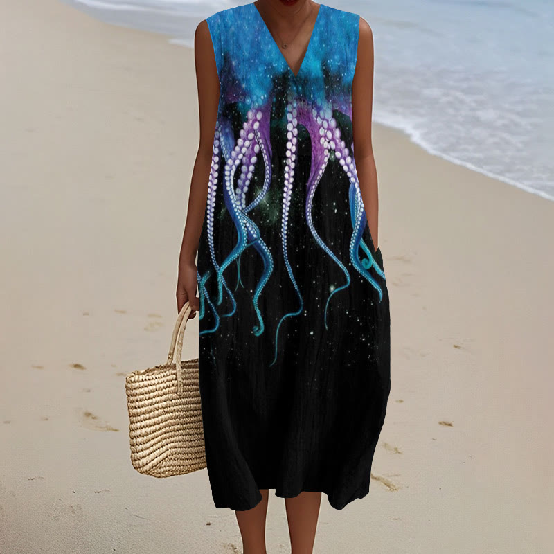 Star Octopus Art Print V-neck Sleeveless Dress - Black - 5XL - image 1