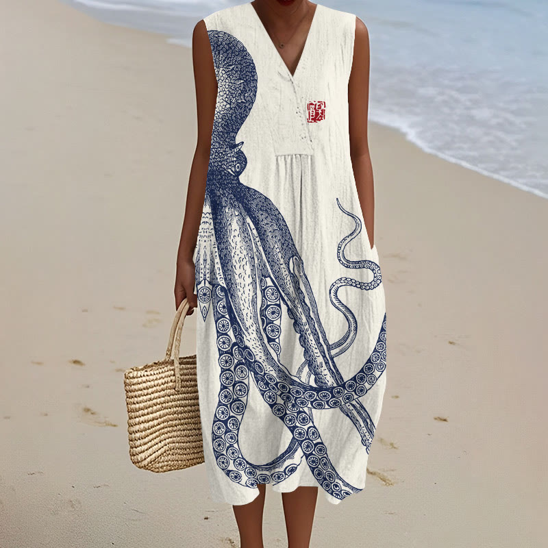 Japanese Art Octopus And Crab Art Print V-neck Sleeveless Dress - Apricot - 5XL - image 1