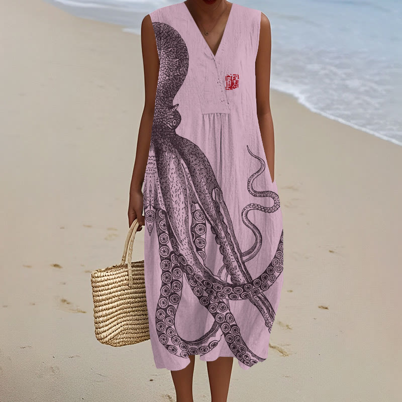 Japanese Art Octopus And Crab Art Print V-neck Sleeveless Dress - Pink - 5XL - image 2