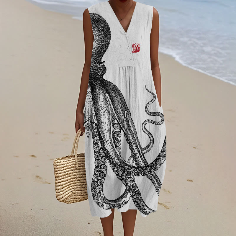 Japanese Art Octopus And Crab Art Print V-neck Sleeveless Dress - Grey - 5XL - image 3