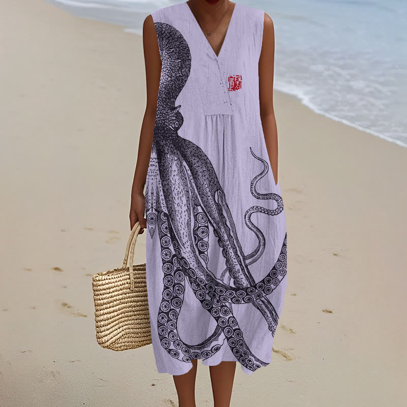 Japanese Art Octopus And Crab Art Print V-neck Sleeveless Dress - Purple - 5XL - image 4