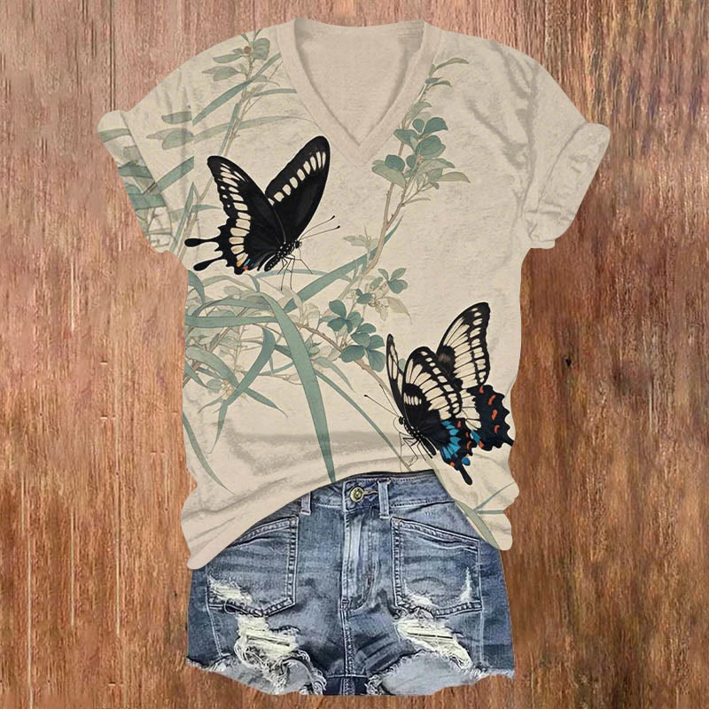 Vivid Ink Watercolor Butterfly Art Print V-neck T-shirt - Apricot - US32-34(5XL) - image 1