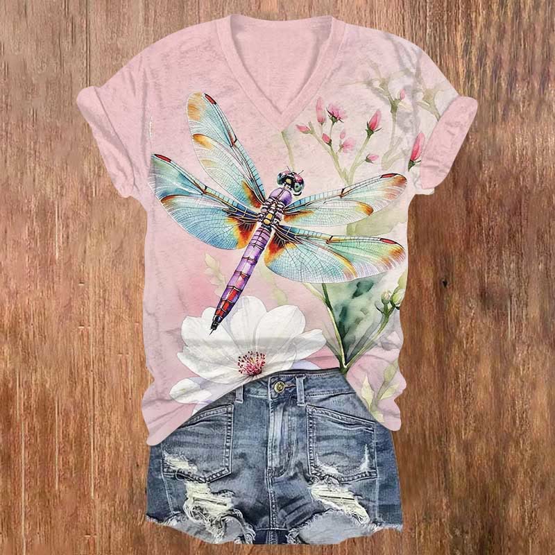 Colorful Dragonfly & Blossom Art Print V-neck T-shirt - Pink - US32-34(5XL) - image 1