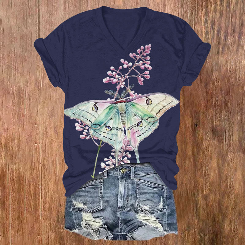 Fantasy Watercolor Butterfly Art Print V-neck T-shirt - Navy Blue - US32-34(5XL) - image 1