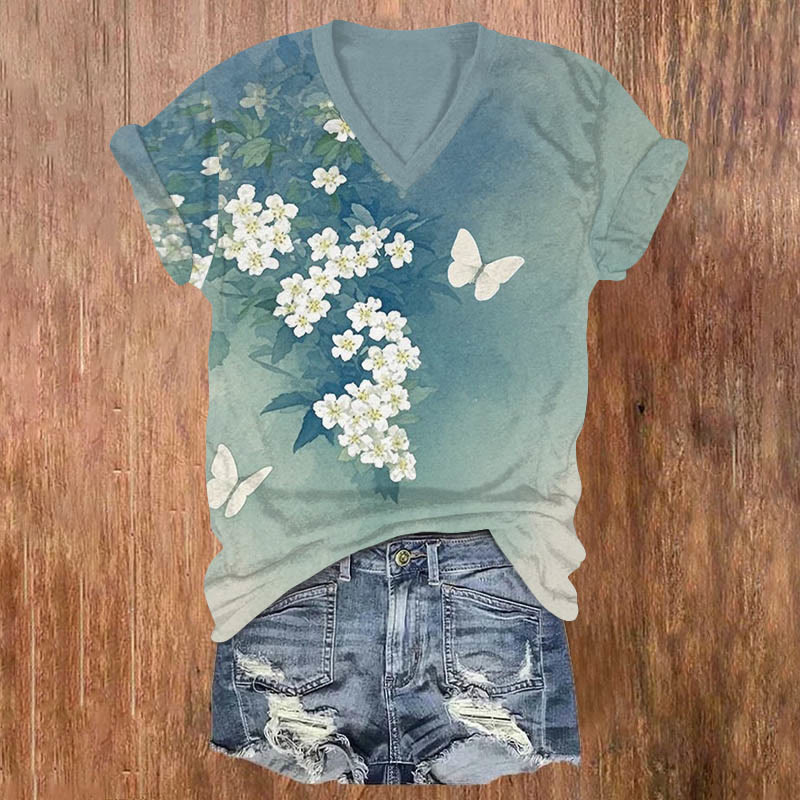 Vintage Ombre White Butterfly & Flowers Art Print V-neck T-shirt - Blue - US32-34(5XL) - image 1