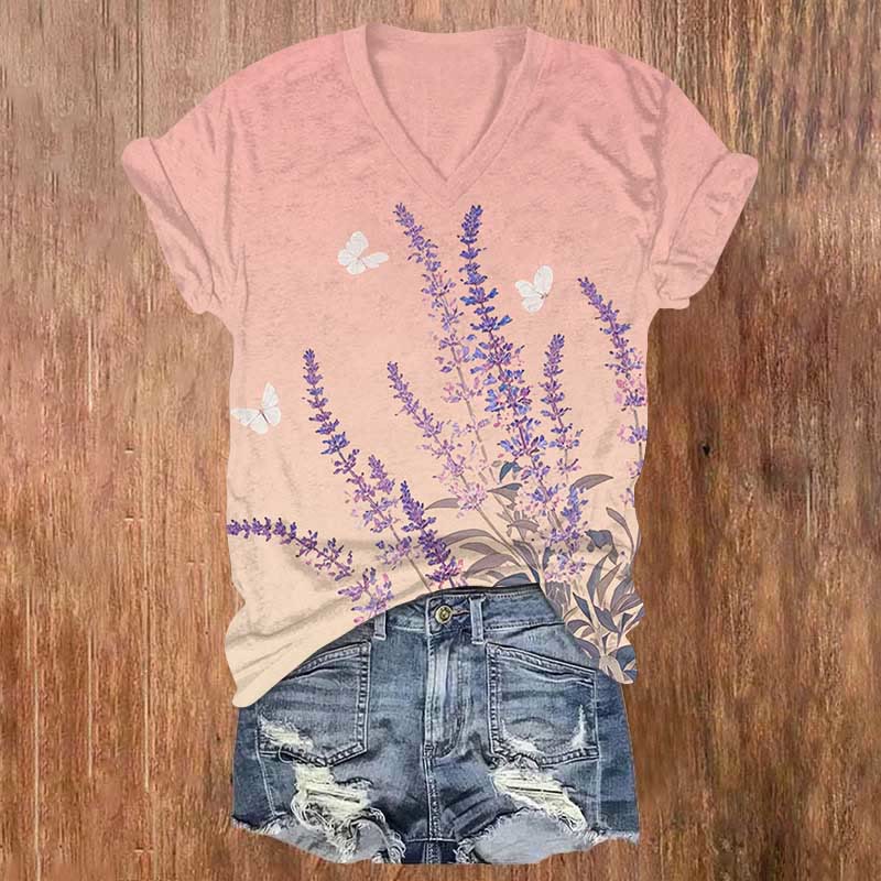 Romantic Lavender & Butterfly Art Print V-neck T-shirt - Pink - US32-34(5XL) - image 2