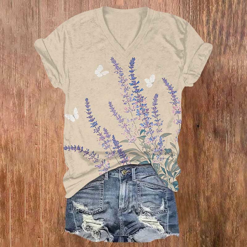 Romantic Lavender & Butterfly Art Print V-neck T-shirt - Khaki - US32-34(5XL) - image 1