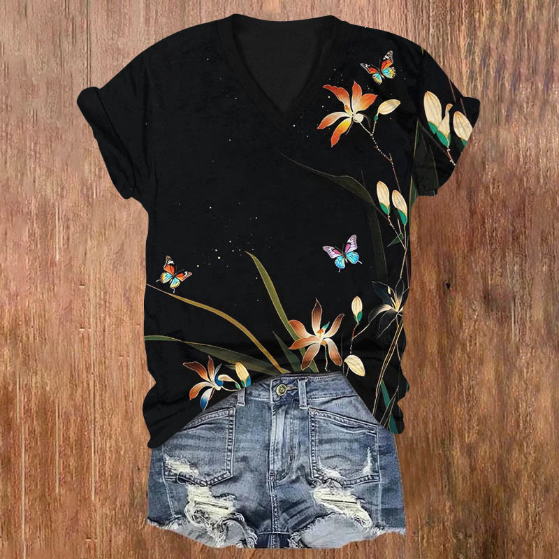 Fantasy Butterfly In Starry Night Sky Print V-neck T-shirt - Black - US32-34(5XL) - image 1