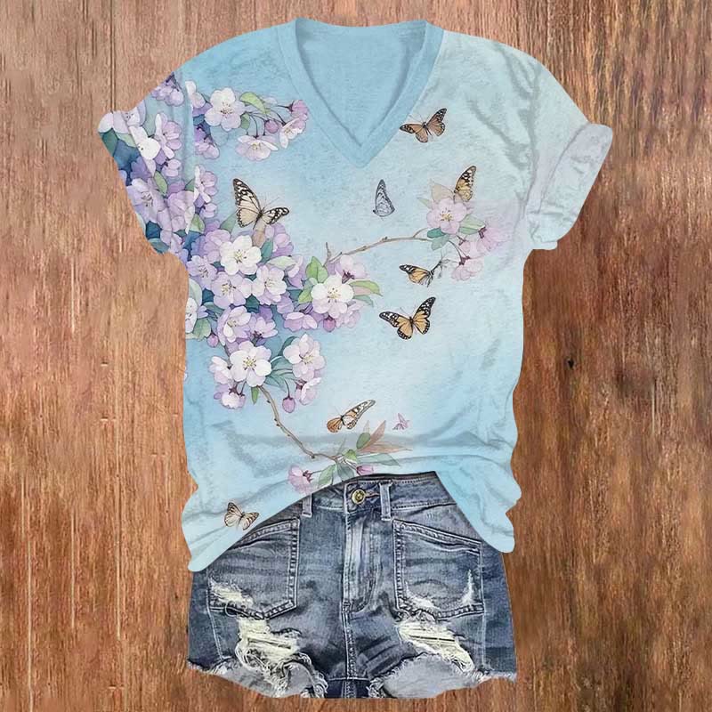 Romantic Flowers & Butterfly Art Print V-neck T-shirt - Blue - US32-34(5XL) - image 1