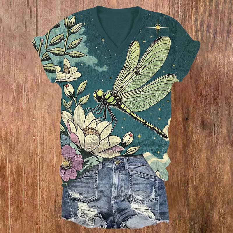 Vintage Starry Dragonfly & Blossoms Art Print V-neck T-shirt - Green - US32-34(5XL) - image 1