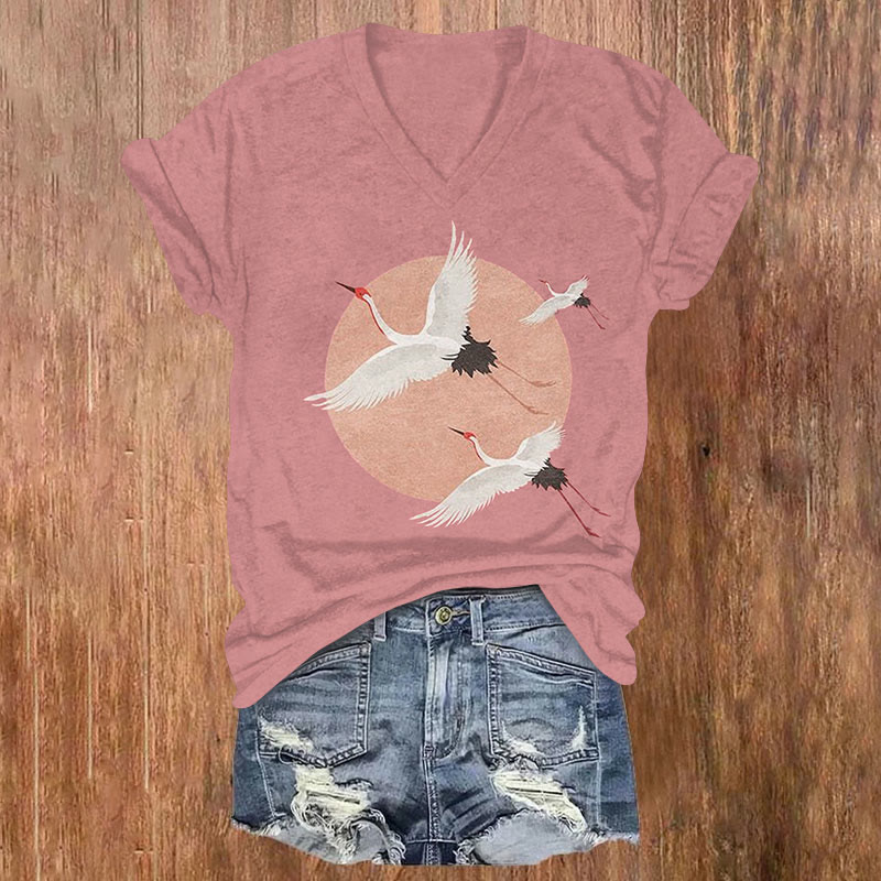 Flying Cranes Japanese Art Graphic Vintage Print V-neck T-shirt - Pink - US32-34(5XL) - image 1