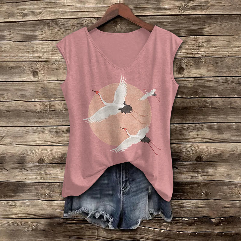 Flying Cranes Japanese Art Graphic Vintage Print V-neck Tank Top - Pink - 5XL - image 1