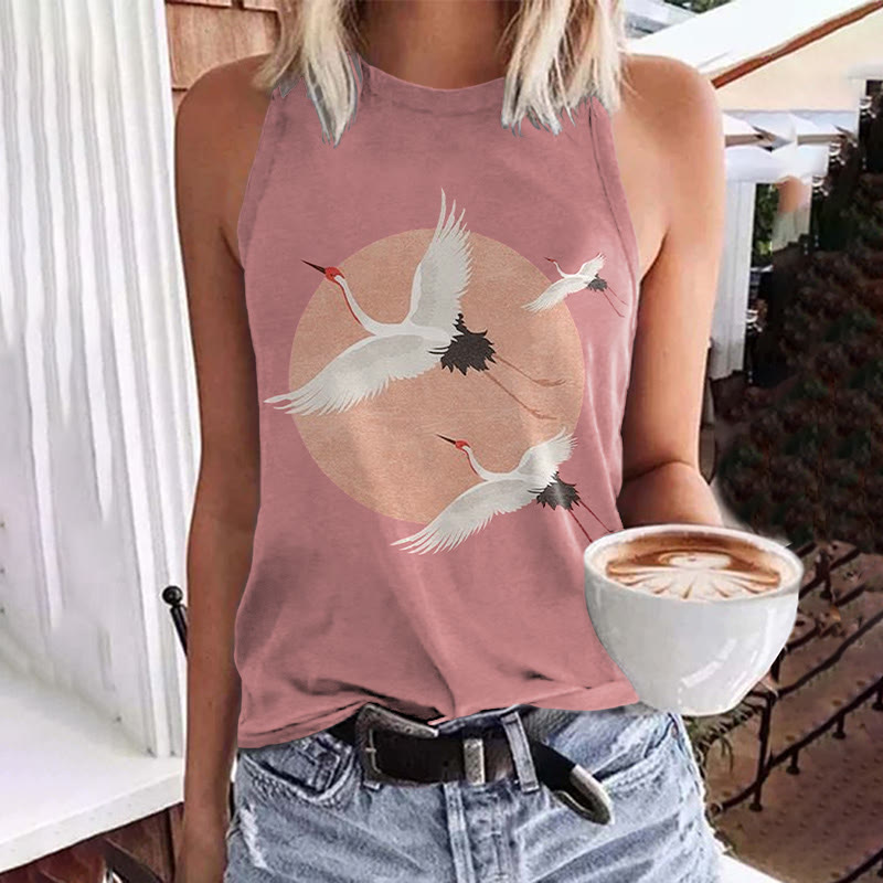 Flying Cranes Japanese Art Graphic Vintage Print Crew Neck Tank Top - Pink - 5XL - image 1