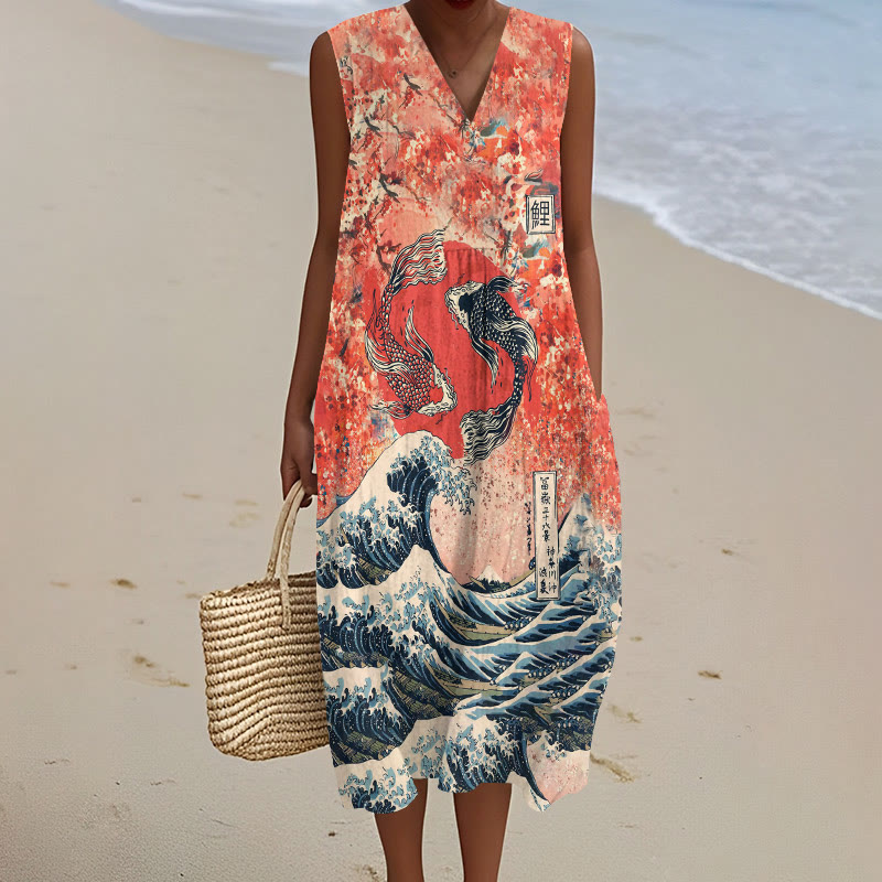 Japanese Koi Wave Art Print V-neck Sleeveless Dress - Orange - 5XL - image 1