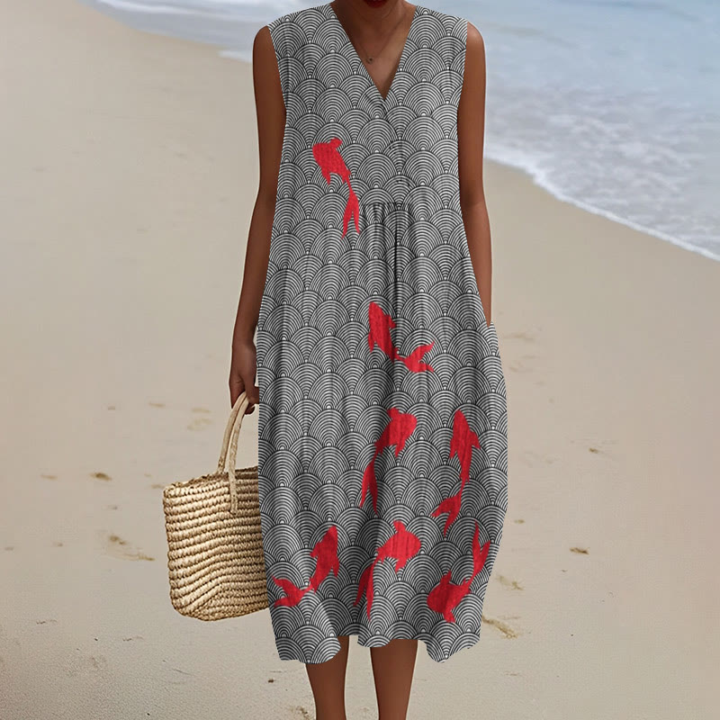 Japanese Goldfish Art Print V-Neck Sleeveless Dress - Black - 5XL - image 1