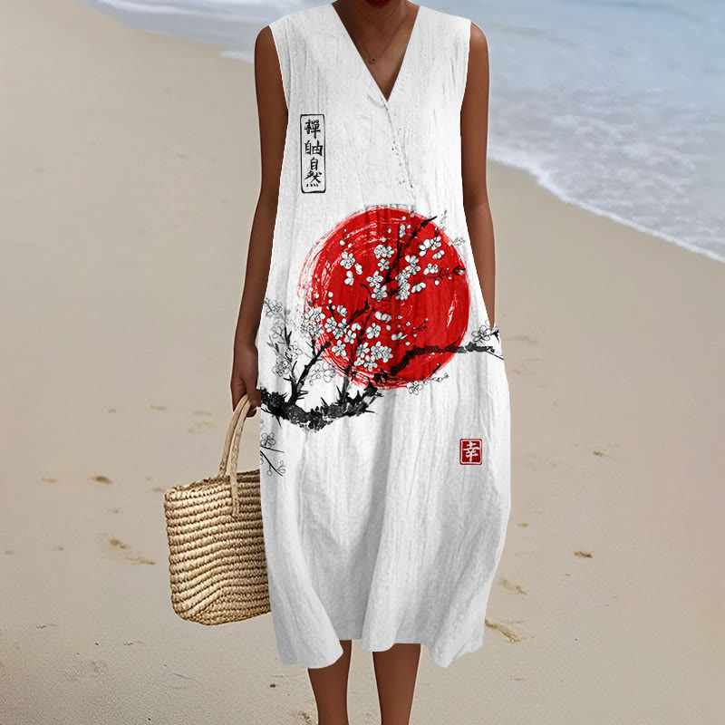 Women's Sunrise Japanese Art Print V-neck Sleeveless Dress - White - 5XL - image 1