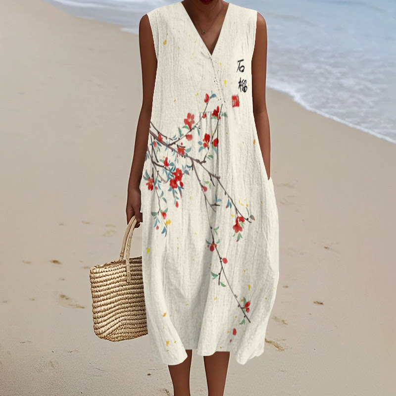 Japanese Art Floral Vintage Art Print V-neck Sleeveless Dress - Beige - 5XL - image 1