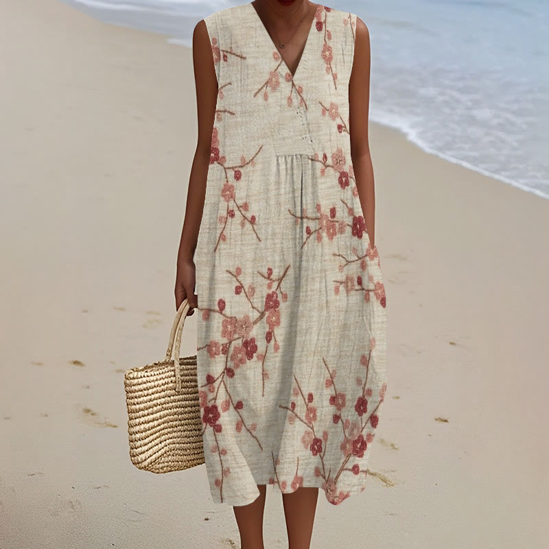 Retro Cherry Blossom Japanese Style Art Print V-neck Sleeveless Dress - Khaki - 5XL - image 1