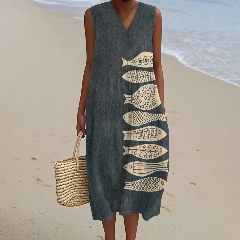 Fish Japanese Lino Art Print V-neck Sleeveless Dress - Grey - 5XL - image 1