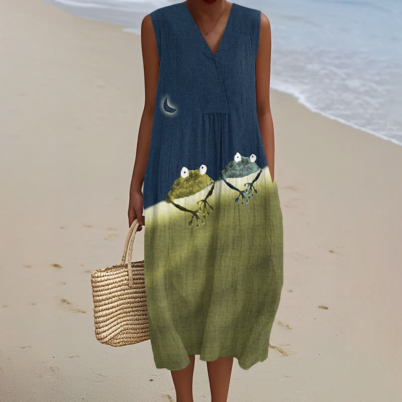 Simple Frog Color Block Art Print V-neck Sleeveless Dress - Dark Blue - 5XL - image 1