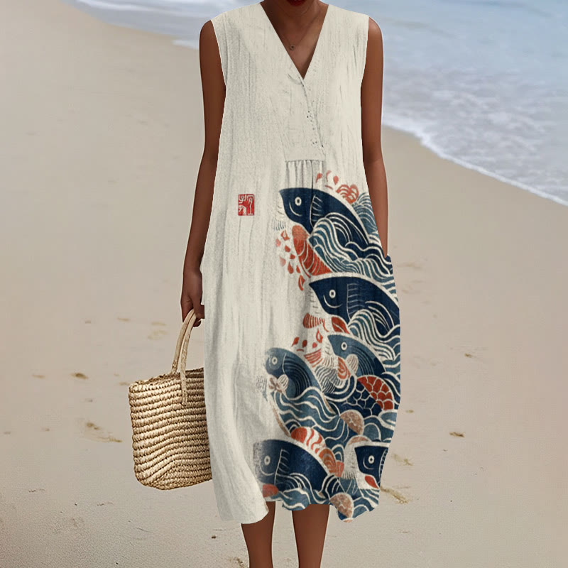 Japanese Art Carp Art Print V-neck Sleeveless Dress - Beige - 5XL - image 1