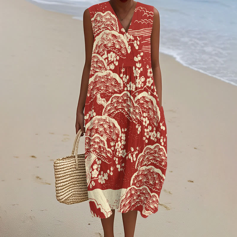 Japanese Art Plum Blossom Art Print V-neck Sleeveless Dress - Red - 5XL - image 1