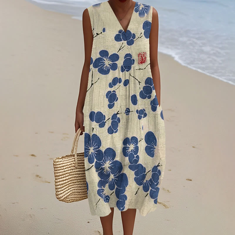 Cherry Blossom Japanese Lino Art Vintage Print V-neck Sleeveless Dress - Blue - 5XL - image 1