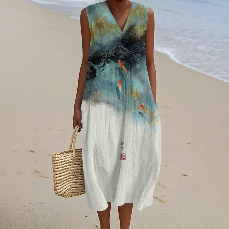 Japanese Goldfish Contrasting Art Print V-neck Sleeveless Dress - Blue - 5XL - image 1