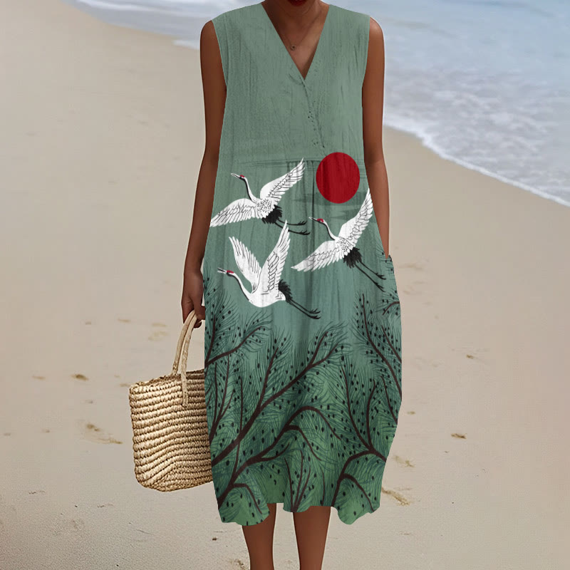 Japanese Style Flying Cranes And Red Sun Art Print V-neck Sleeveless Dress - Green - 5XL - image 1