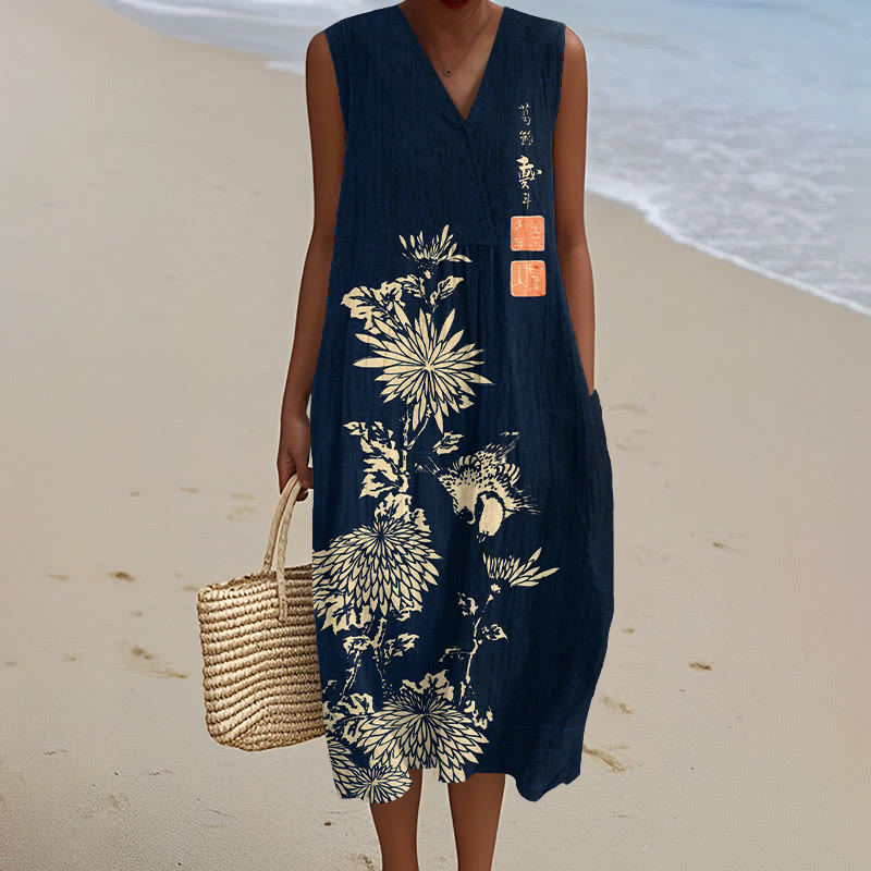 Vintage Chrysanthemum Art Print V-neck Sleeveless Dress - Dark Blue - 5XL - image 1