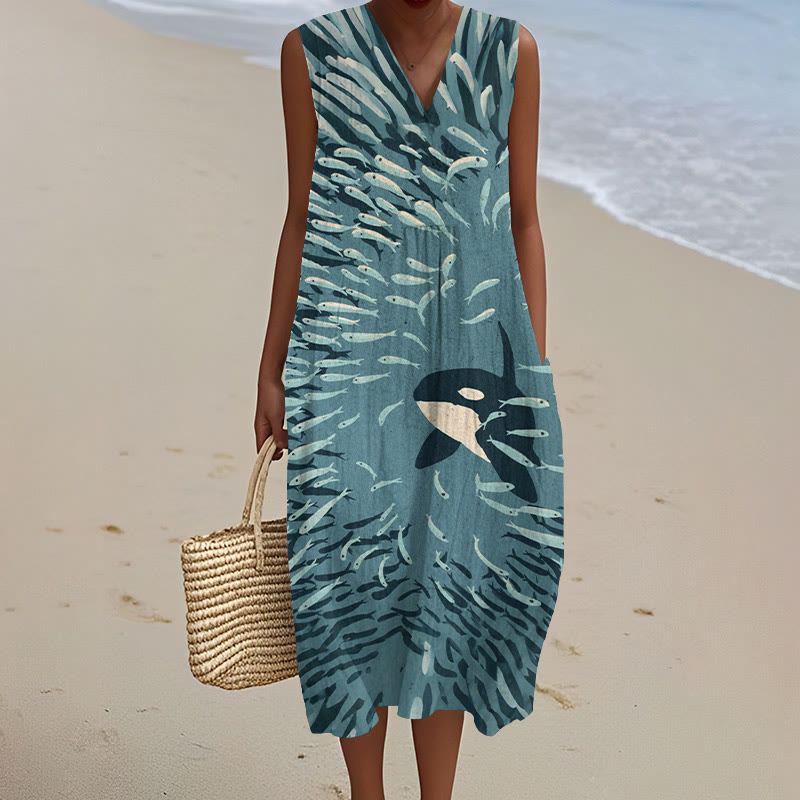 Orca And Herring Ball Art Print V-neck Sleeveless Dress - Blue - 5XL - image 1