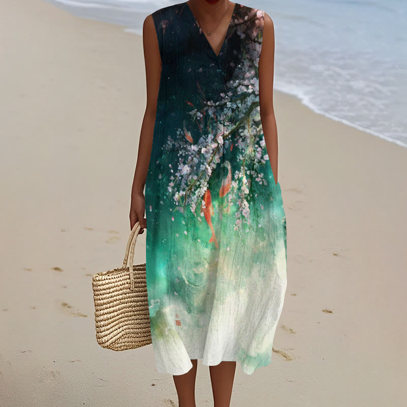 Japanese Style Goldfish Flowers Art Print V-neck Sleeveless Dress - Green - 5XL - image 1