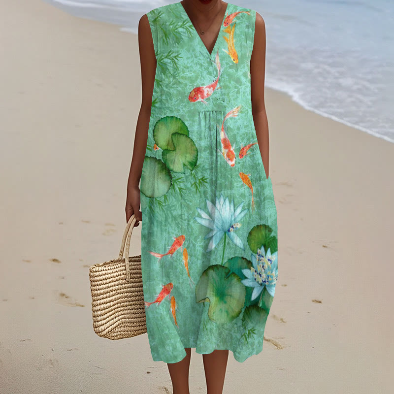 Japanese Koi Art Print V-neck Sleeveless Dress - Green - 5XL - image 1