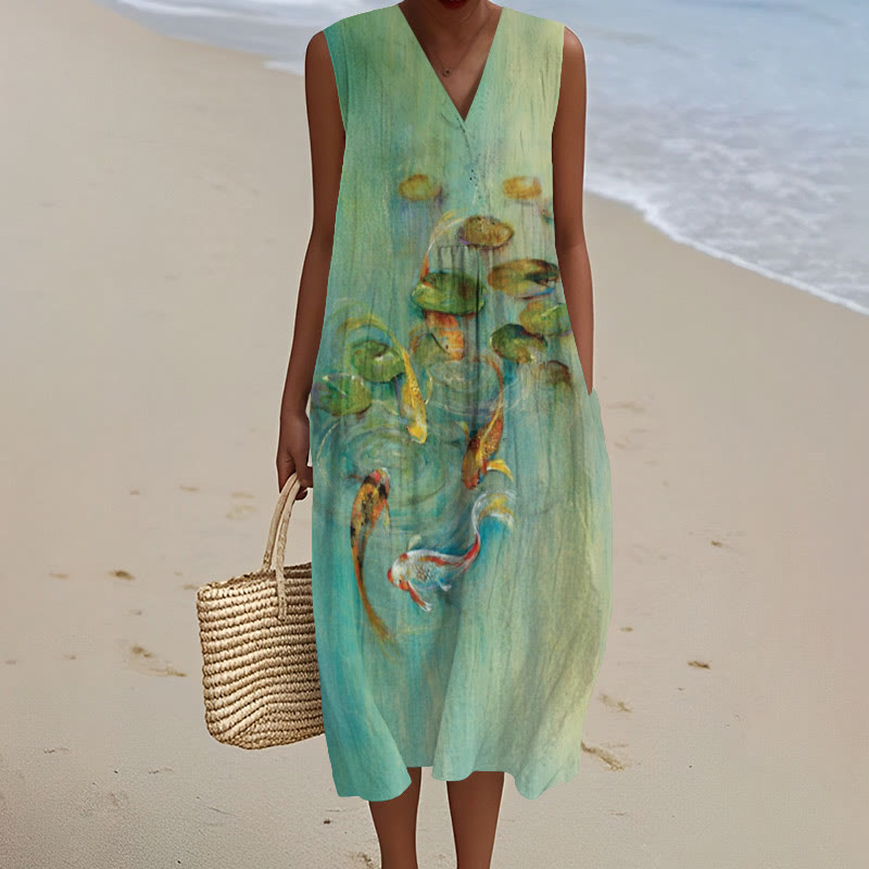 Koi Carp And Lotus Leaf Watercolor Art Print V-neck Sleeveless Dress - Green - 5XL - image 1