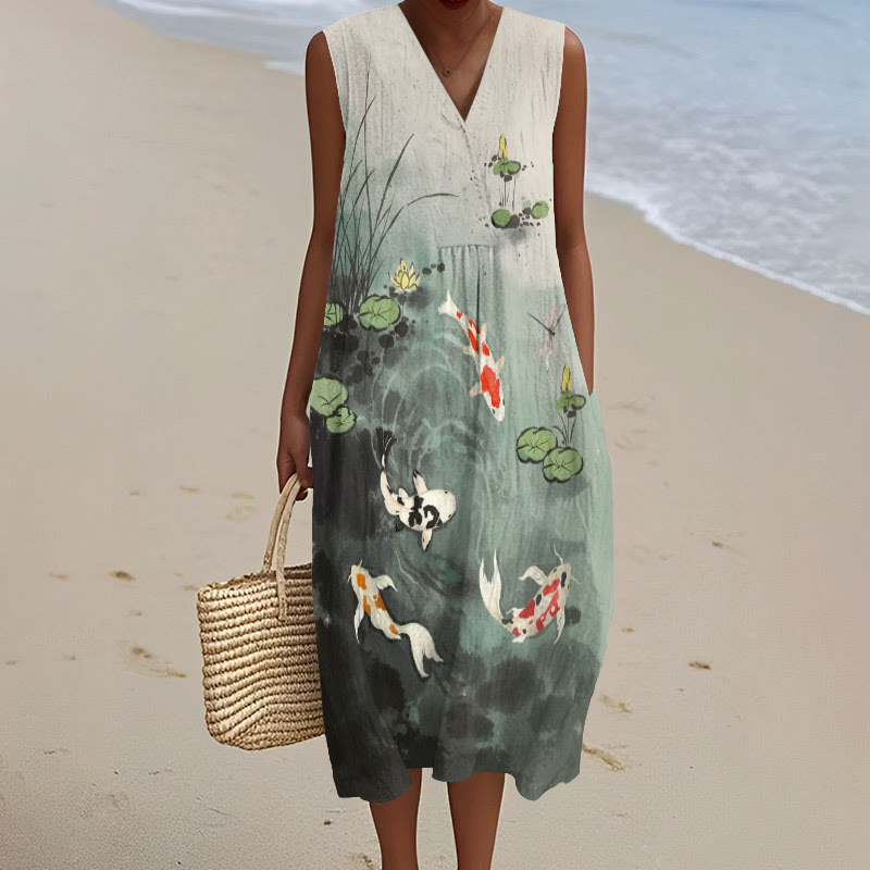 Ink Watercolor Koi Dragonfly Lotus Pond Art Print V-neck Sleeveless Dress - Green - 5XL - image 1