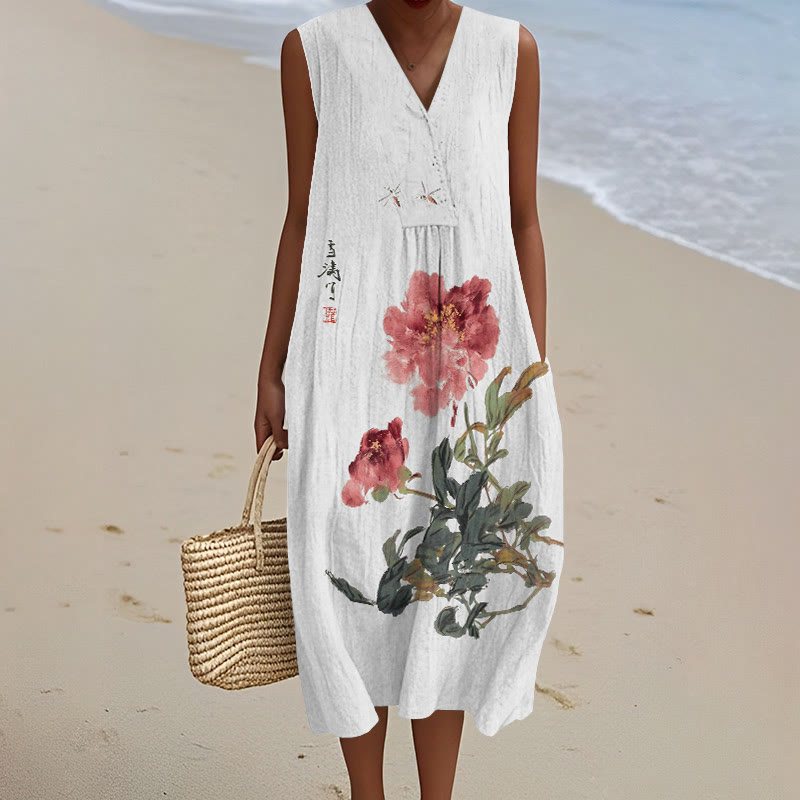 Vintage Japanese Ink Flower Calligraphy Art Print V-neck Sleeveless Dress - White - 5XL - image 1