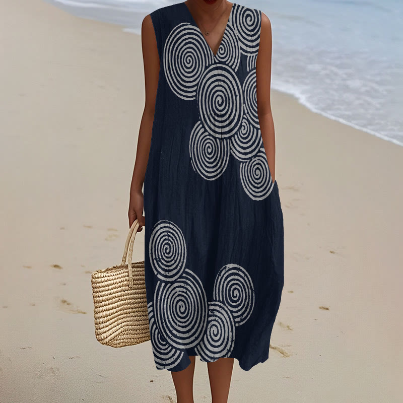 Vintage Fingerprint Shape Art Print V-neck Sleeveless Dress - Dark Blue - 5XL - image 1