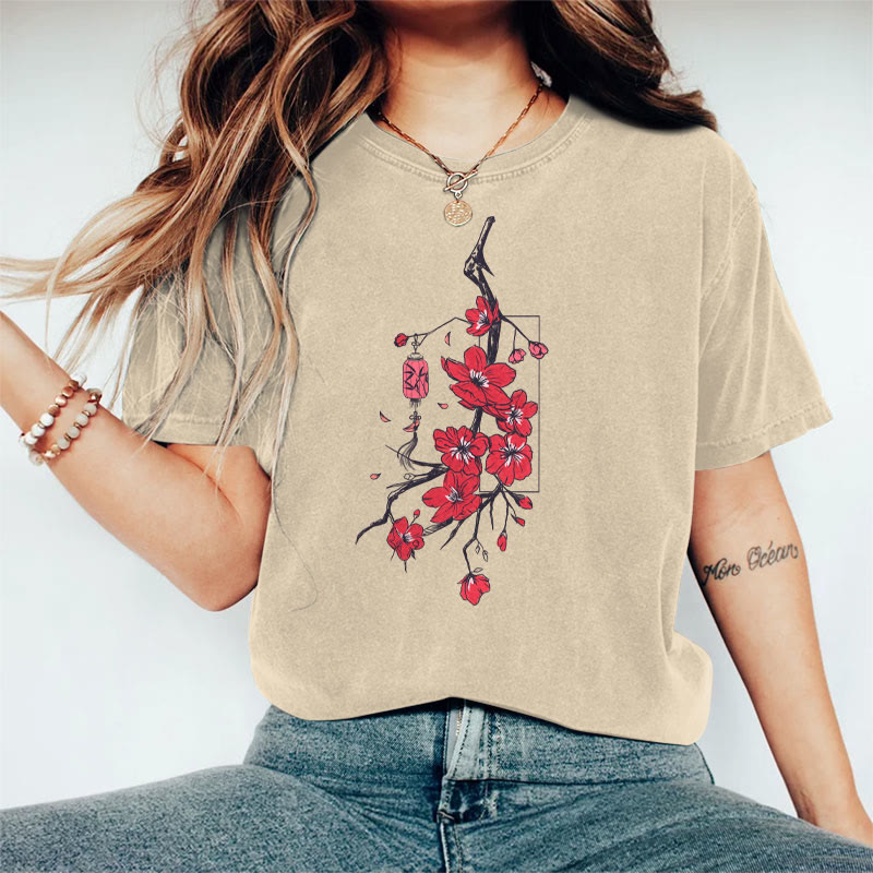 100% Cotton Women's Japanese Sakura & Lantern Art Print Casual T-shirt - Khaki - 2XL - image 1